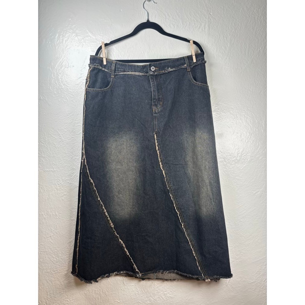 Denim Long Skirt Womens‎ XL Dark Wash Raw Hem Paneled Distressed Trad Prairie